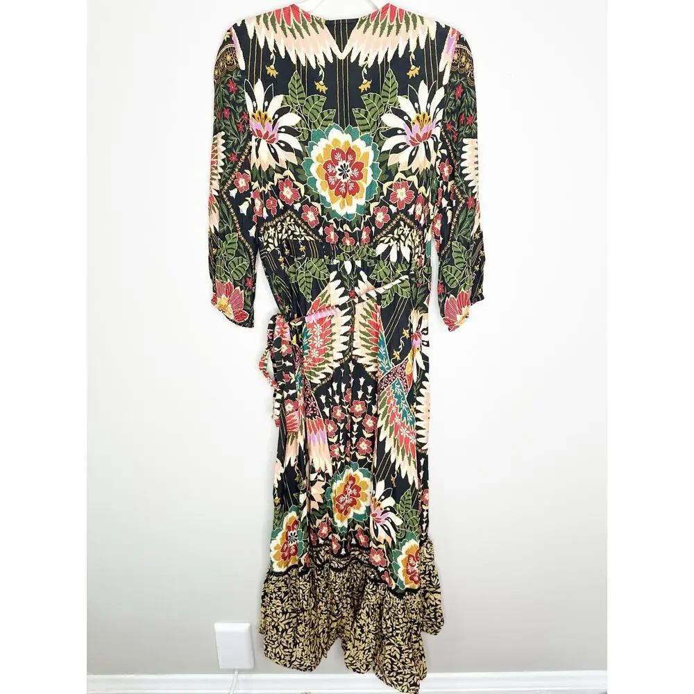 Farm Rio Anthropologie Black Tropical Floral Wrap Maxi Dress Medium - Picture 3 of 9